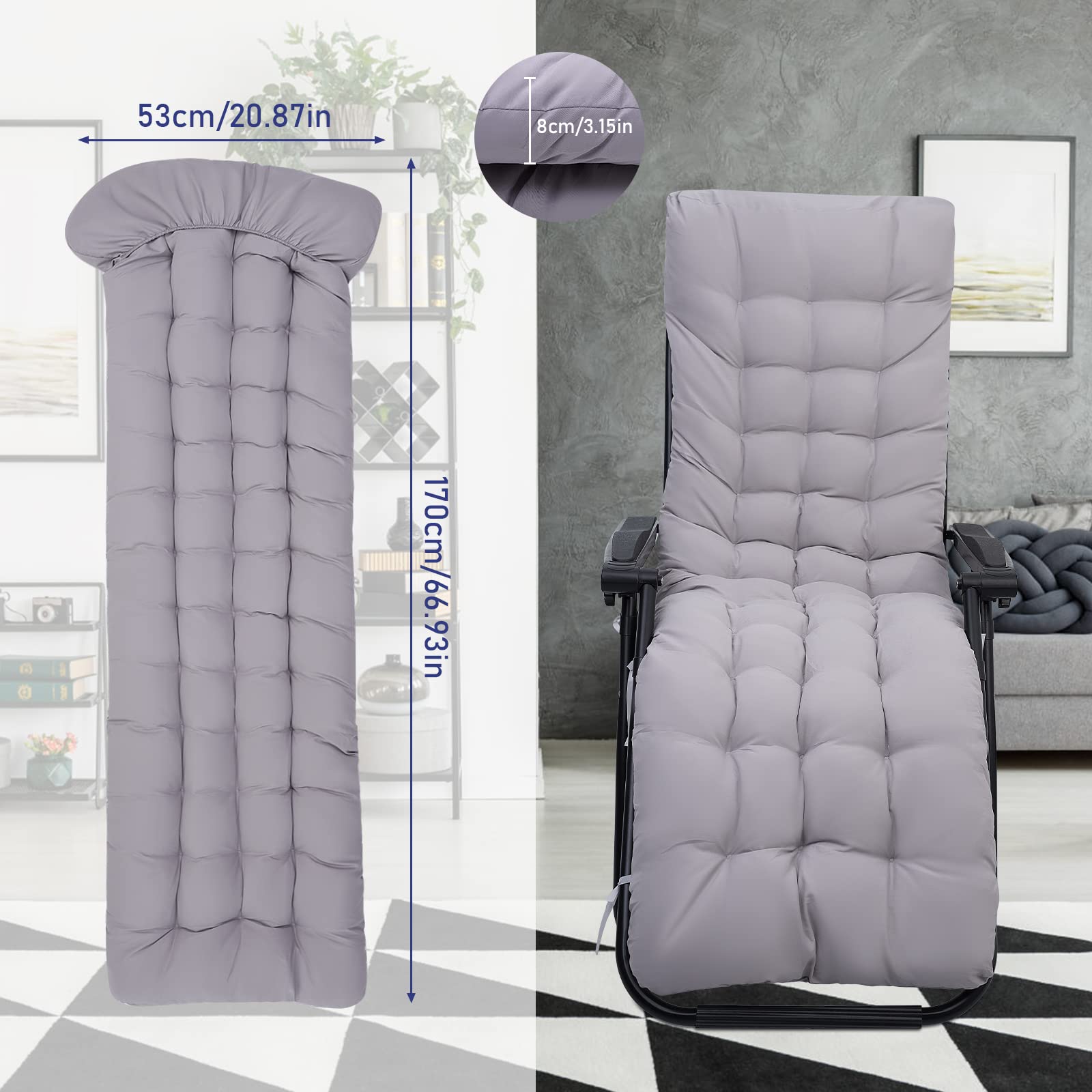 Zyncove Coussin pour Chaise Longue de Jardin, Coussin Bain de Soleil, 170 x 53 x 8 cm, Confortable & Durable idéal pour Coussin de Chaise Longue, Coussin de canapé. (Gris)