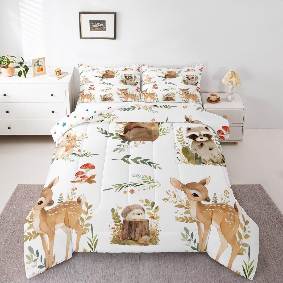 Erosebridal Kids Cute Deer Full Size Bedding Set, Woodland Animal Down Comforter Rabbit Hedgehog Comforter Set for Boys Teens Girls Room, Mushroom Branches Rustic Quilt, Soft Microfiber