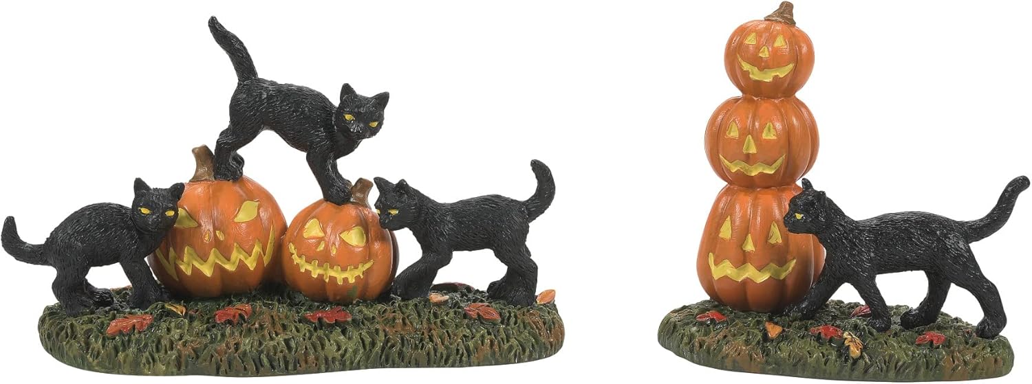 Department 56 Village Collection Accessories Halloween Scary Cats and Pumpkins Figurine Set, 2.5 and 2.75 Inch, Multicolor