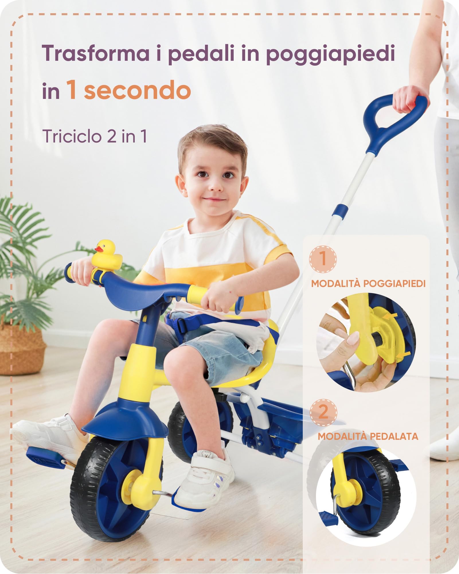 KRIDDO 2 in 1 Triciclo per Bambini da 2 a 3 Anni, Ruote EVA Aggiornate, Regalo per Bambini, Tricicli per Bambini dai 18 Mesi ai 3 Anni, con Maniglione regolabile e Campanello a Forma di Anatra, Blu