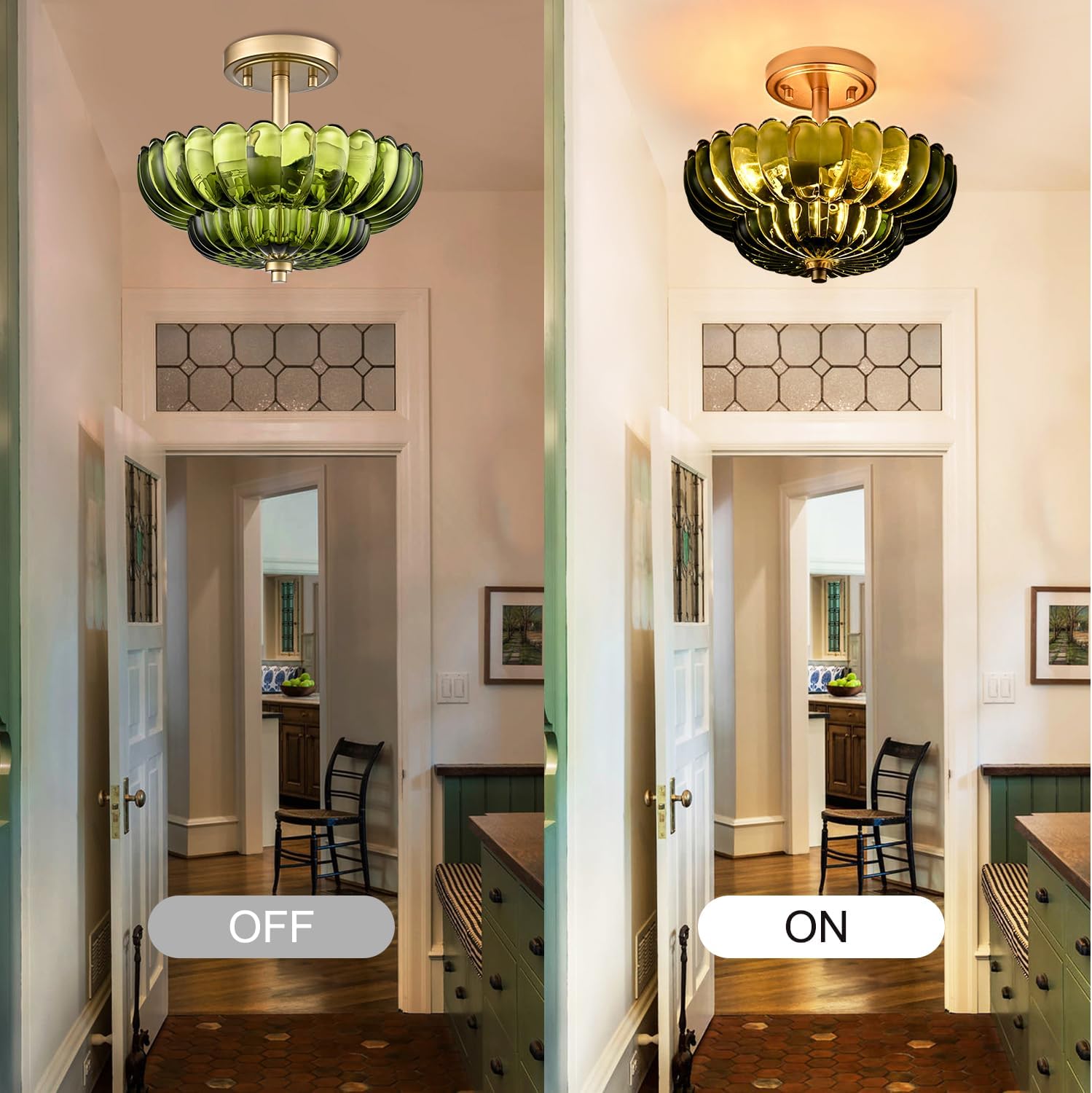 Semi Flush Mount Ceiling Light Fixture, Green Glass 3-Light Modern Vintage Ceiling Lights, Scalloped Close to Ceiling Light, Gold Base Flush Mount Ceiling Light for Hallway Bedroom Entryway Kitchen
