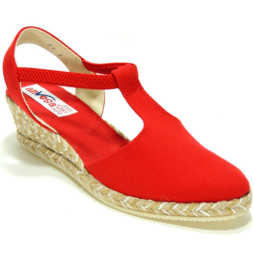 Alpargatas Valencianas Zapatillas para Mujer. Marca ANVESA 419. Cuña de Esparto Cáñamo y Yute - Marca Sevillas - Ajuste con Elástico Rojo Talla 39