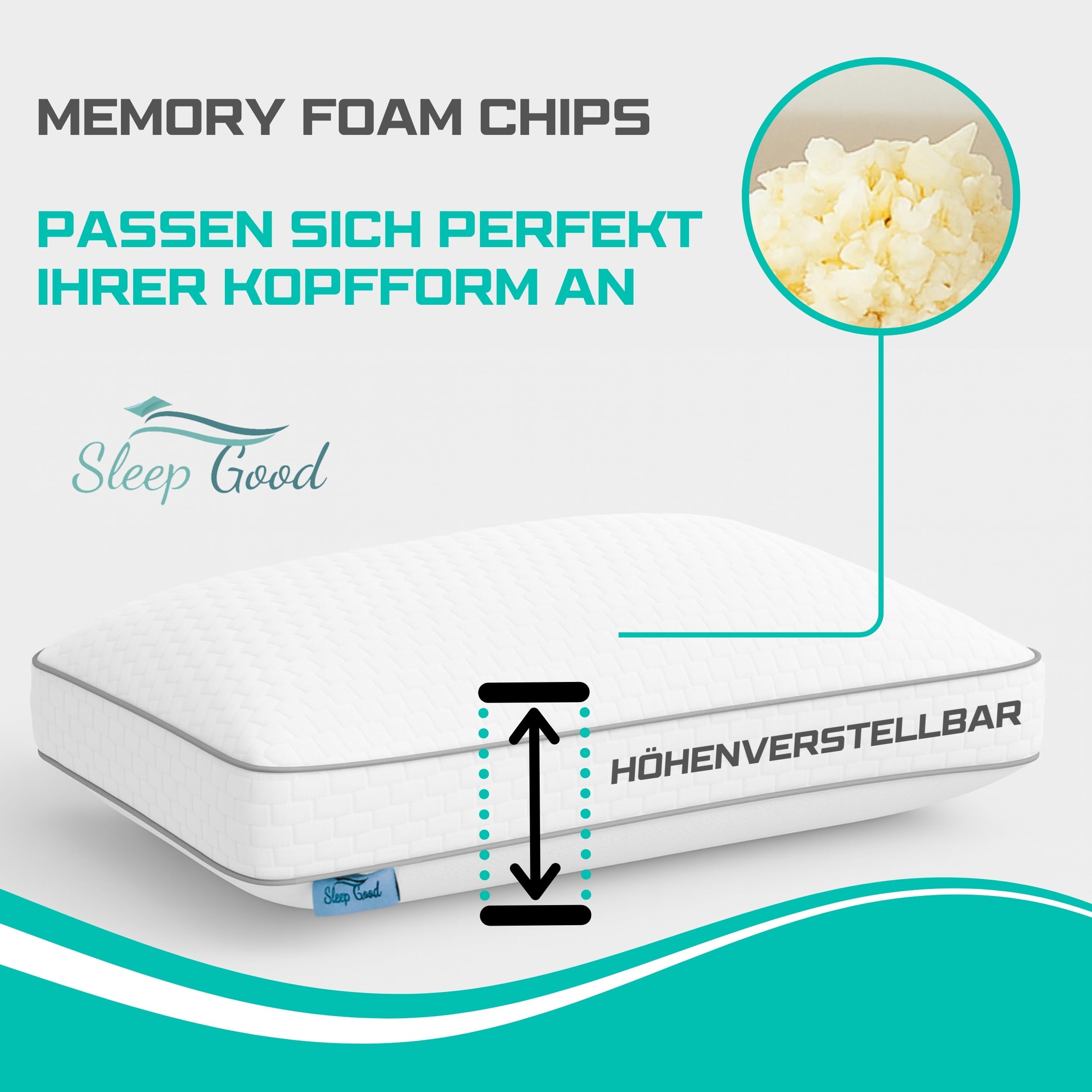 Sleep Good - Seitenschläferkissen mit Memory Foam Füllung - Ergonomisches Kopfkissen - Premium Nackenstützkissen - Orthopädisches Kissen - Bequemes Schlafkissen & Nackenkissen