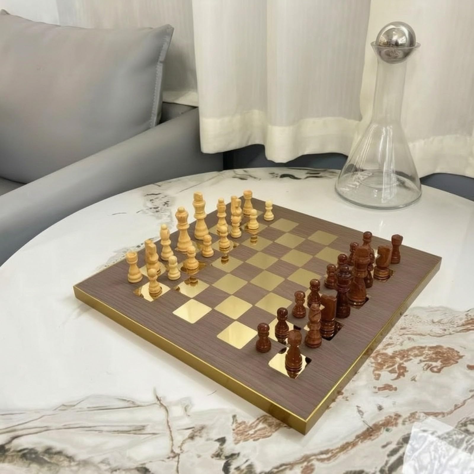 Échiquier Pièces D'échecs Résistant Échiquier en Bois Acier Inoxydable Élégant Jeu Société pr Bureau, Or