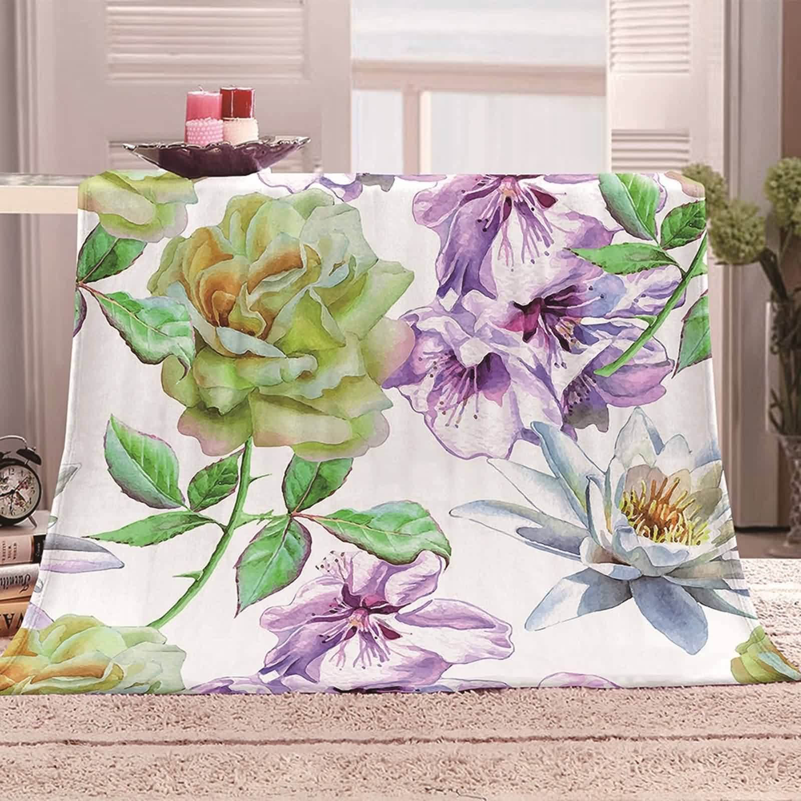 Kuscheldecke 150x200 Violett, Blanket Living Room Flanell Grün Blumenmuster Flanelldecke Weich Kuschelig Warm Wohndecke Sofa Bett Geschenk