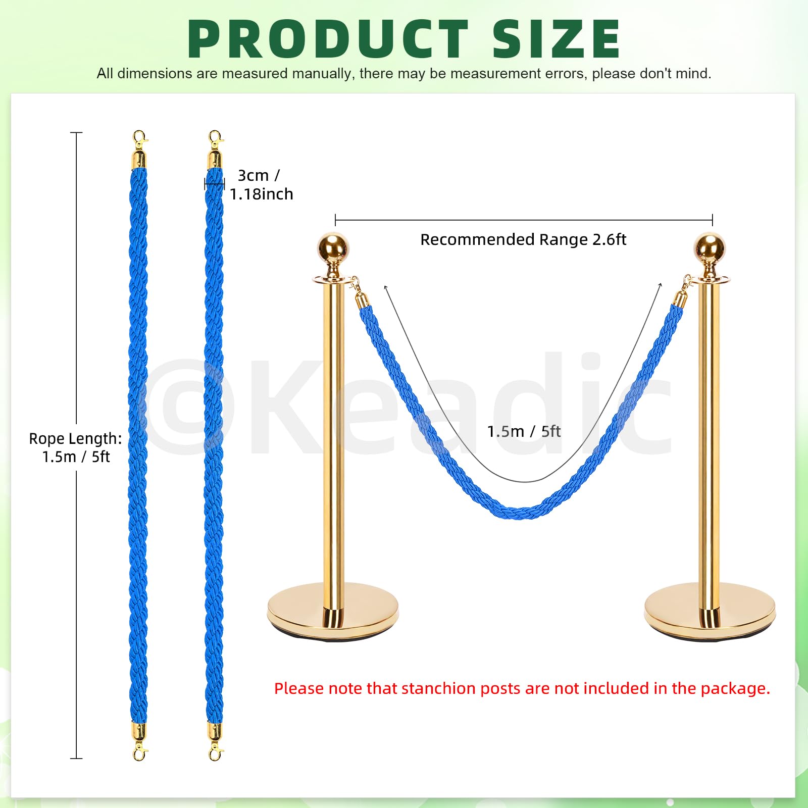 Keadic 2Pcs 5 Feet Nylon Crowd Control Ropes with Gold Clasps Hooks, Stanchion Posts Rope for Party Event, Hotels, Wedding, Museum (Blue) - Image 3