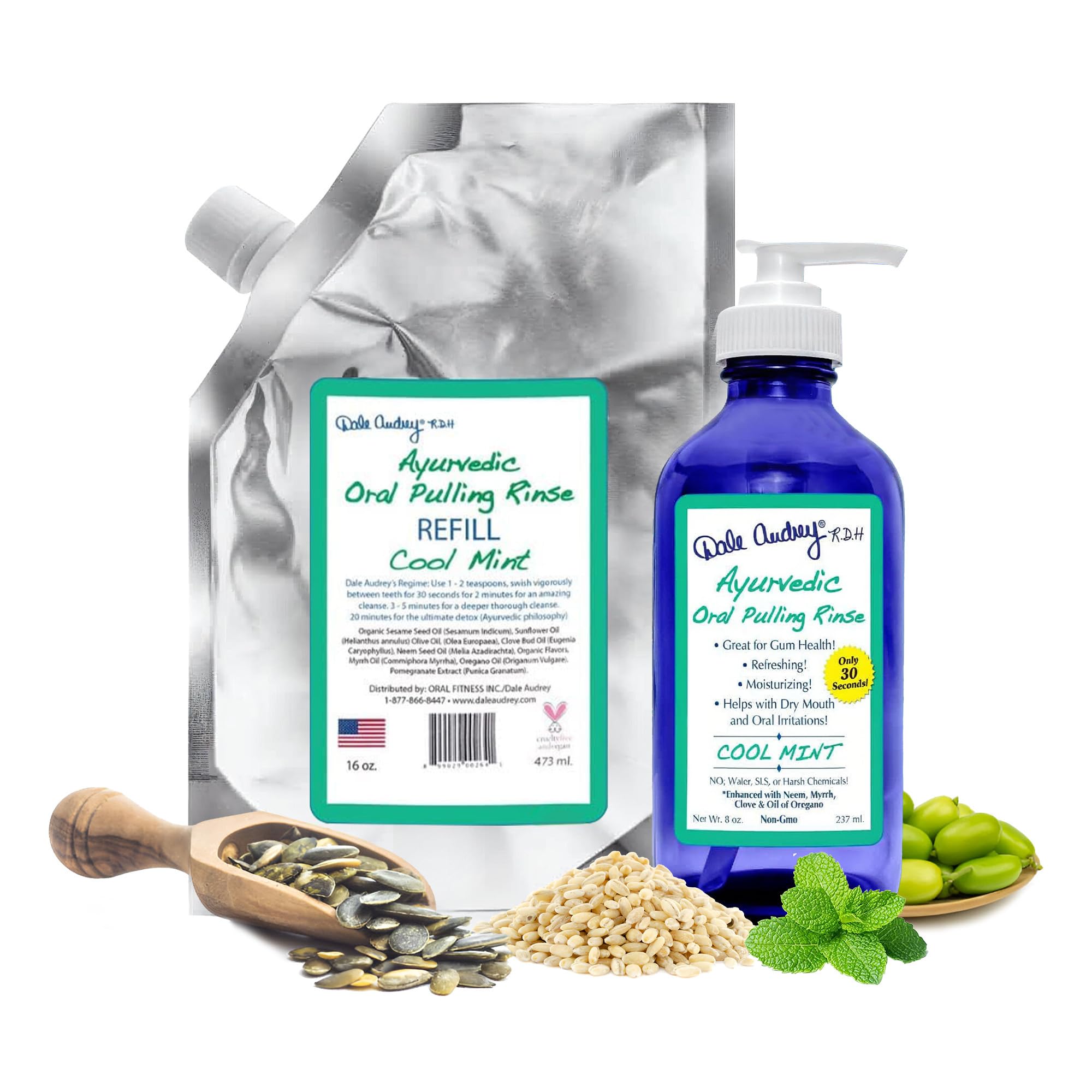 Natural Oil Pulling for Teeth and Gums | Organic Mint Flavored Oral Rinse Mouthwash for Bad Breath | Essential Oil & Teeth Whitening Gum for Freshen Breath | Cobalt Glass Bottle with Refill-16 FL Oz