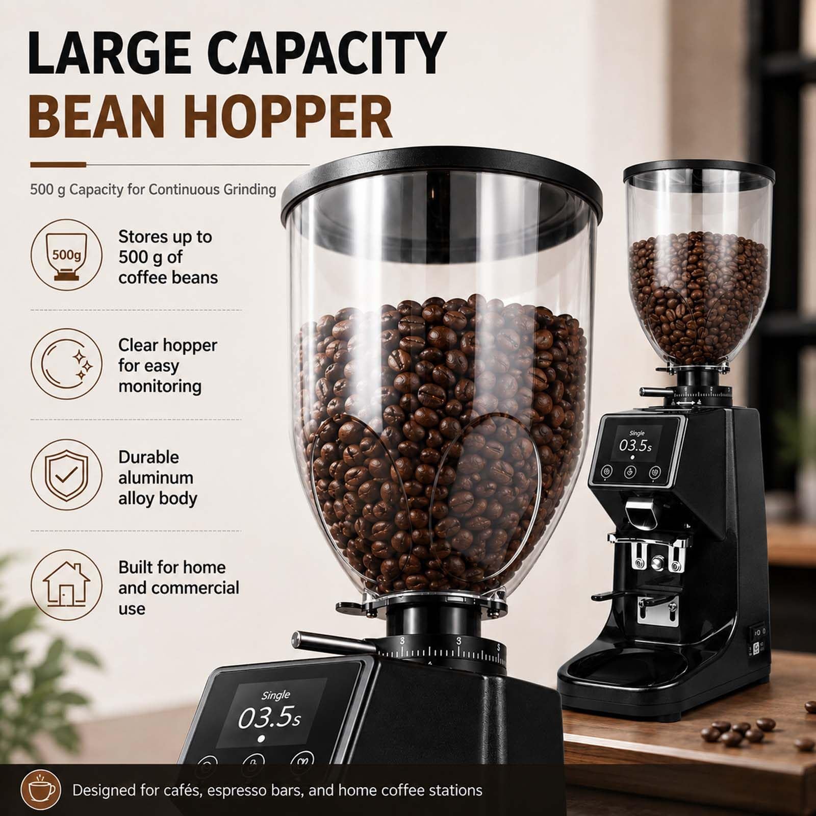 Molinillo de 64 MM con Muelas Planas y Pantalla TáCtil de Molienda Silver | Para espresso, vertido manual y prensa francesa, ajuste externo por pasos, depósito de 500 g de granos
