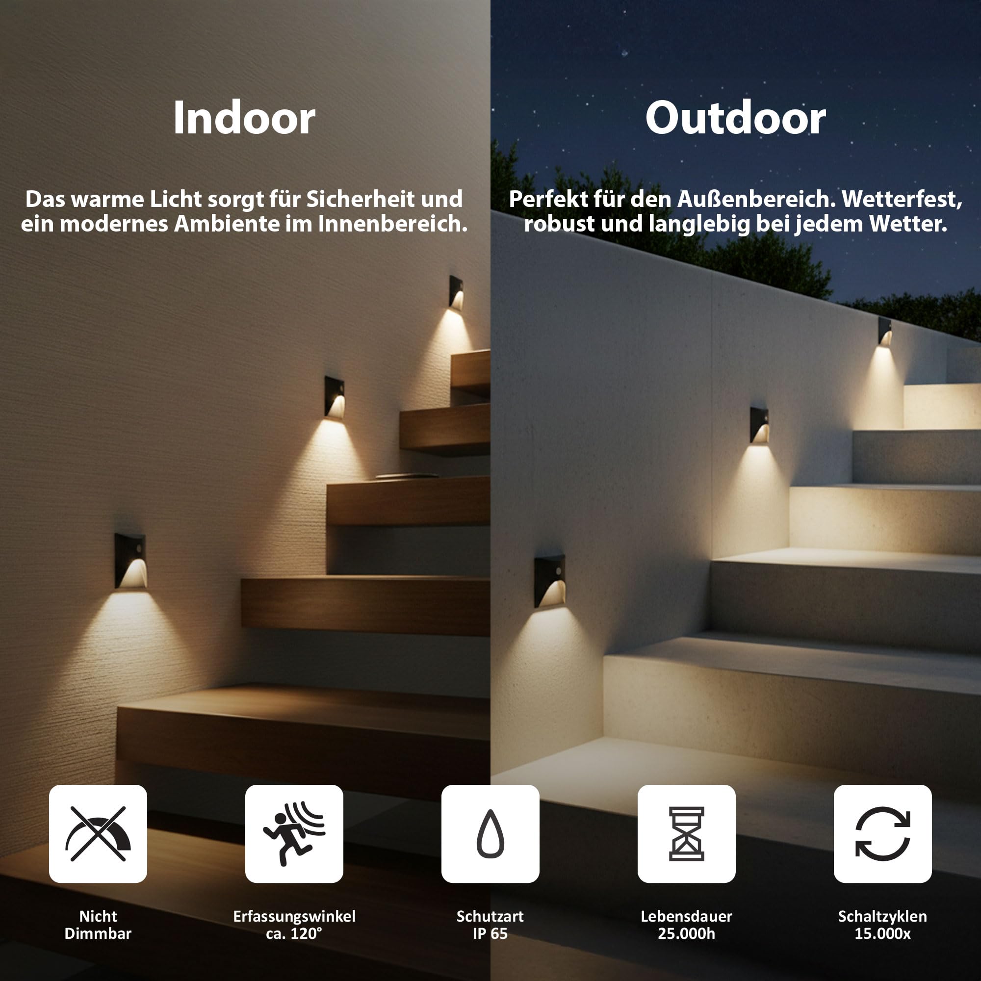 Maxkomfort LED Treppenbeleuchtung 230V schwarz mit Bewegungsmelder, Wandeinbaustrahler 2,5W IP65 3000K warmweiß für Stufen Ø68mm | 6202S
