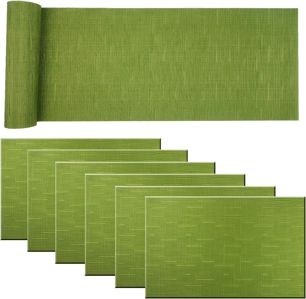 Panda Palm Placemat Matching with Table Runner,Cross-Weave Heat Resistant Placemat Washable Table Mats Sets(6pcs Placemats + 1 Table Runner, Sage Green)