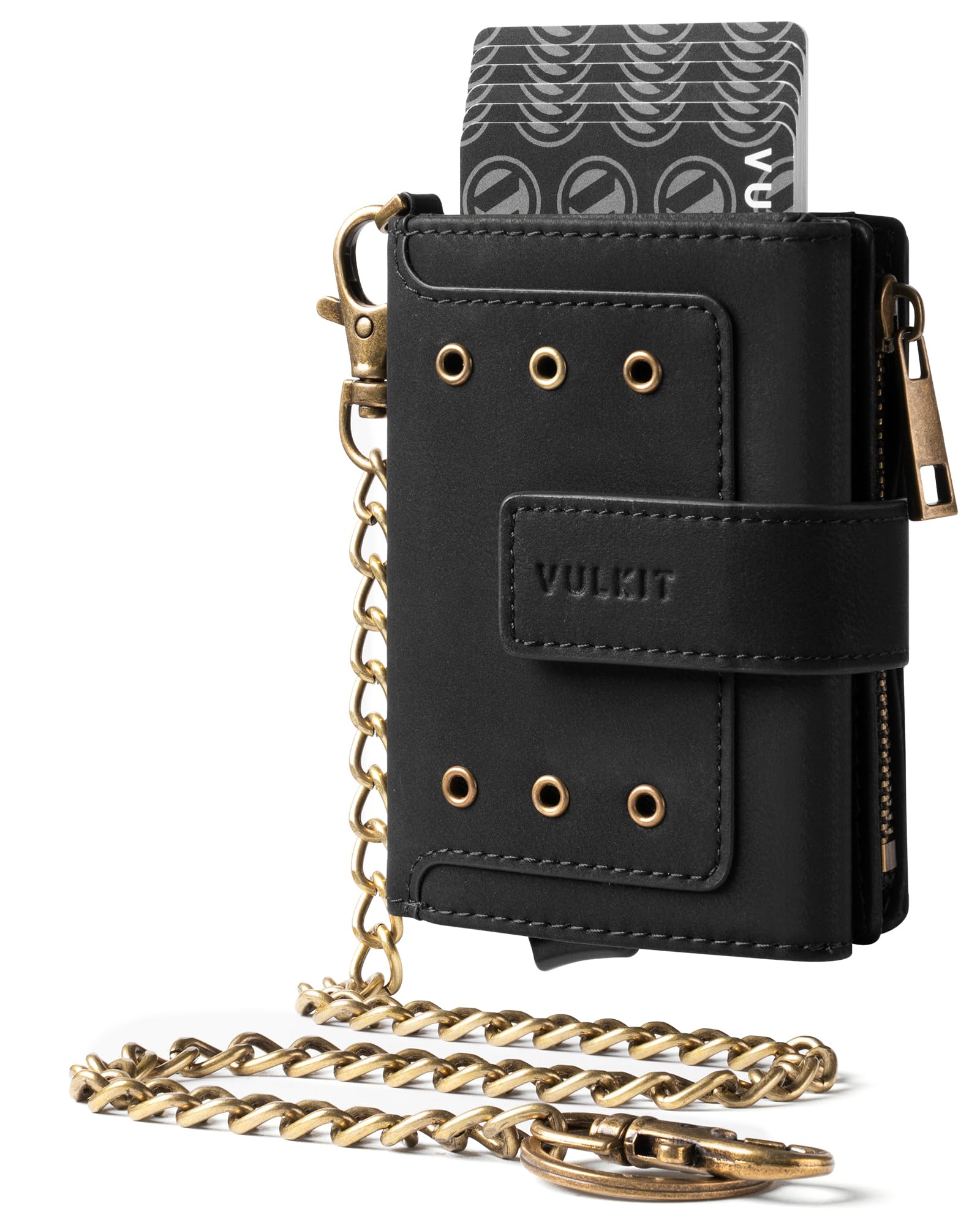 VULKIT Mens Wallet RFID Protected with Chain, POP UP Credit Card Ejector Case, ID Window, Zipper Pocket for Coins and Compartment for Bills/Banknotes,
