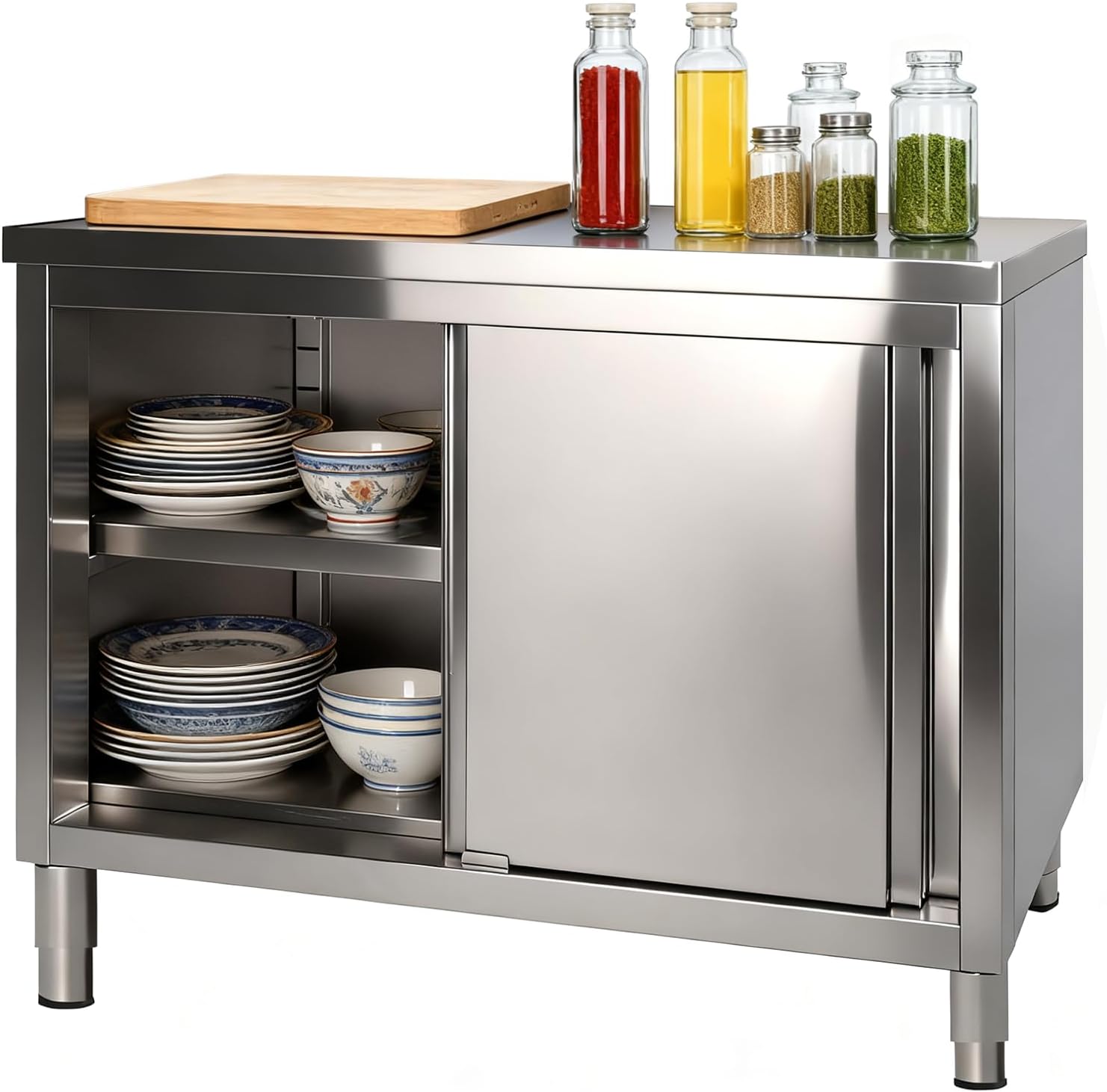 Stainless Steel Work Table with Cabinet 48"x20",Commercial Kitchen Workbench with Sliding Doors for Prep Work, Heavy Duty Prep Table for Restaurant,Garage,Warehouse