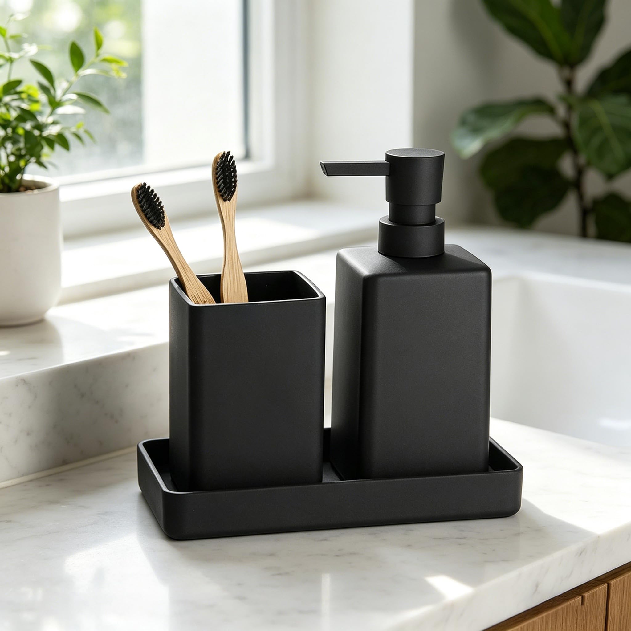 GAHEFY Badezimmer Accessoires Set 5-teilig – Edelstahl Mülleimer 5L mit Soft-Close Deckel, WC Bürste mit Halter, Seifenspender, Zahnbürstenhalter & Ablage – Matt Schwarz