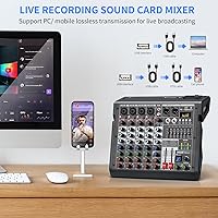 Vista 5 de Audio Mixer, 6-Channel Professional DJ Mixer with 99-Bit DSP Effects, 7-Band EQ, 48V Phantom Power, MP3/Computer Input - Studio Audio Mixing Console