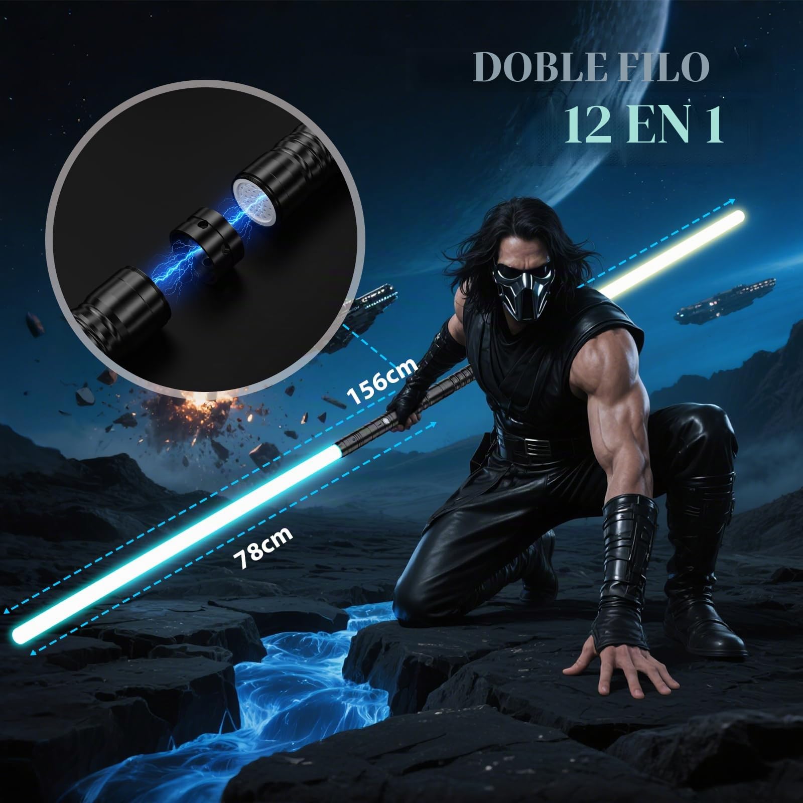 Sable Láser-2 Piezas para Niños, Sable de Luz RGB con 15 Colores, Recargable USB-C,4 Modos de Duelo, Sables Conectables de Metal - Juguete de Cosplay para Películas, Hallowee (2PC Negro 78cm)