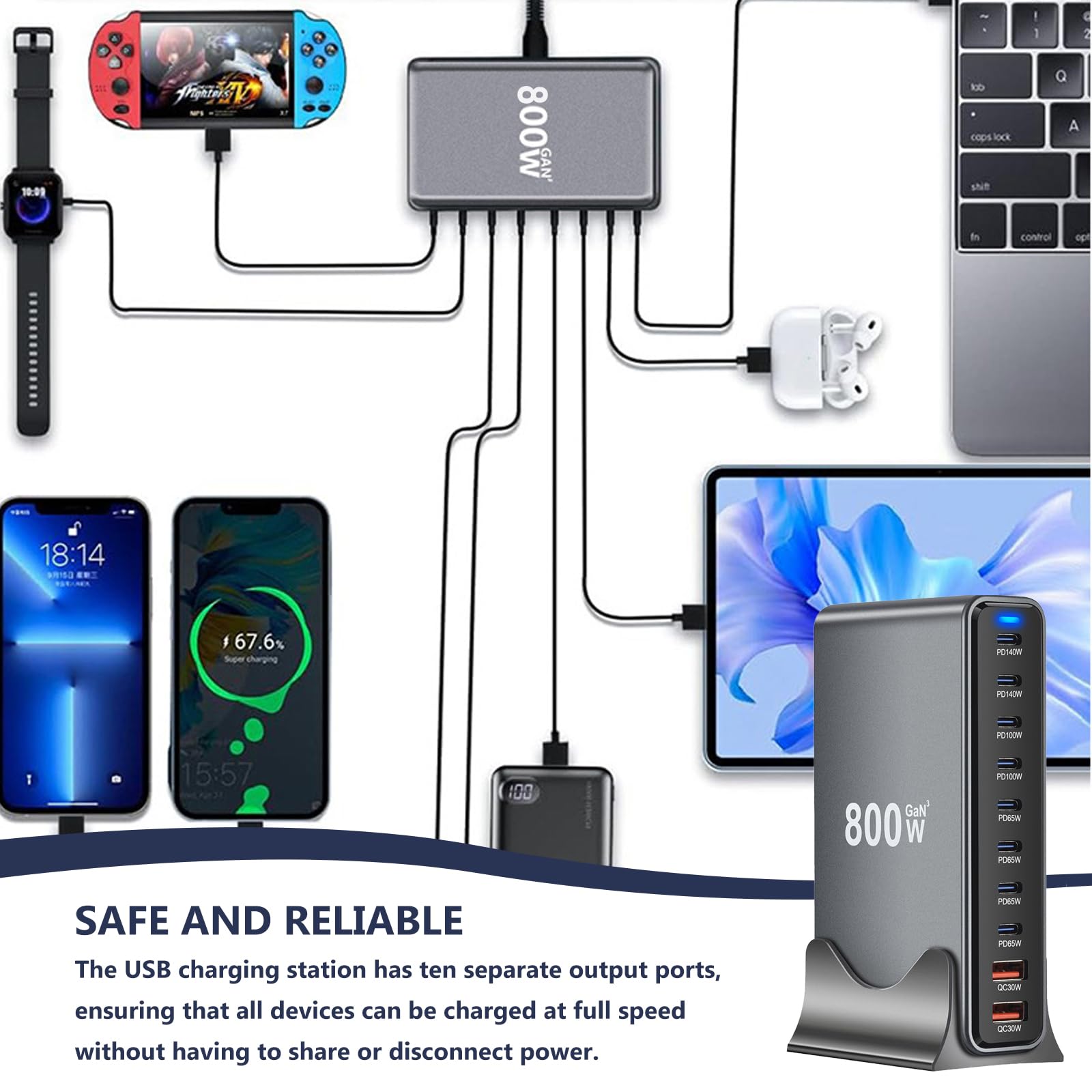Chargeur Rapide USB-C 10 Ports 800W avec Puce GaN III et PD 3.1, 8 Ports USB-C et 2 Ports USB-A, Alimentation 140W pour MacBook, iPhone, iPad, Samsung