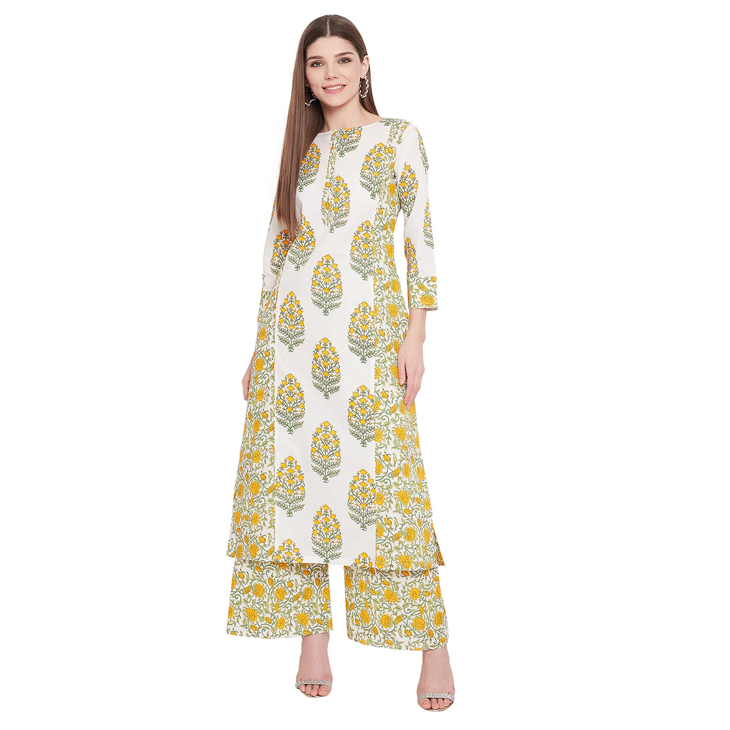 Tissu Women's White & Yellow Printed Straight Kurta With Printed Palazzos (White_S)