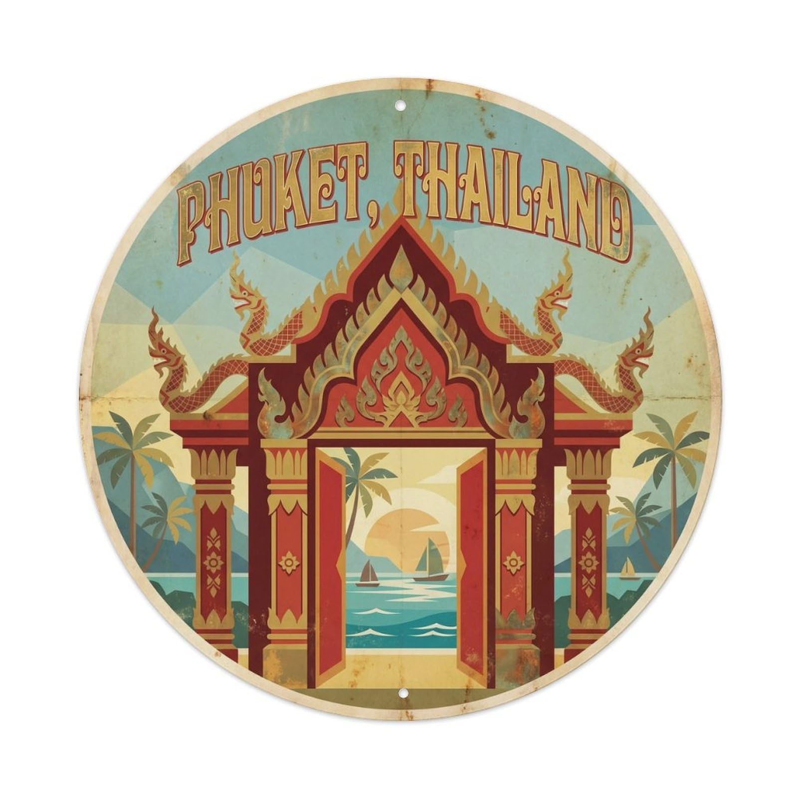 Phuket Temple Gate Cultural Journey Heritage Vintage Metal Tin Sign Plaque Wall Decor for Cafe, Club Bar, Office, Garden Metal Poster 8x8Inch