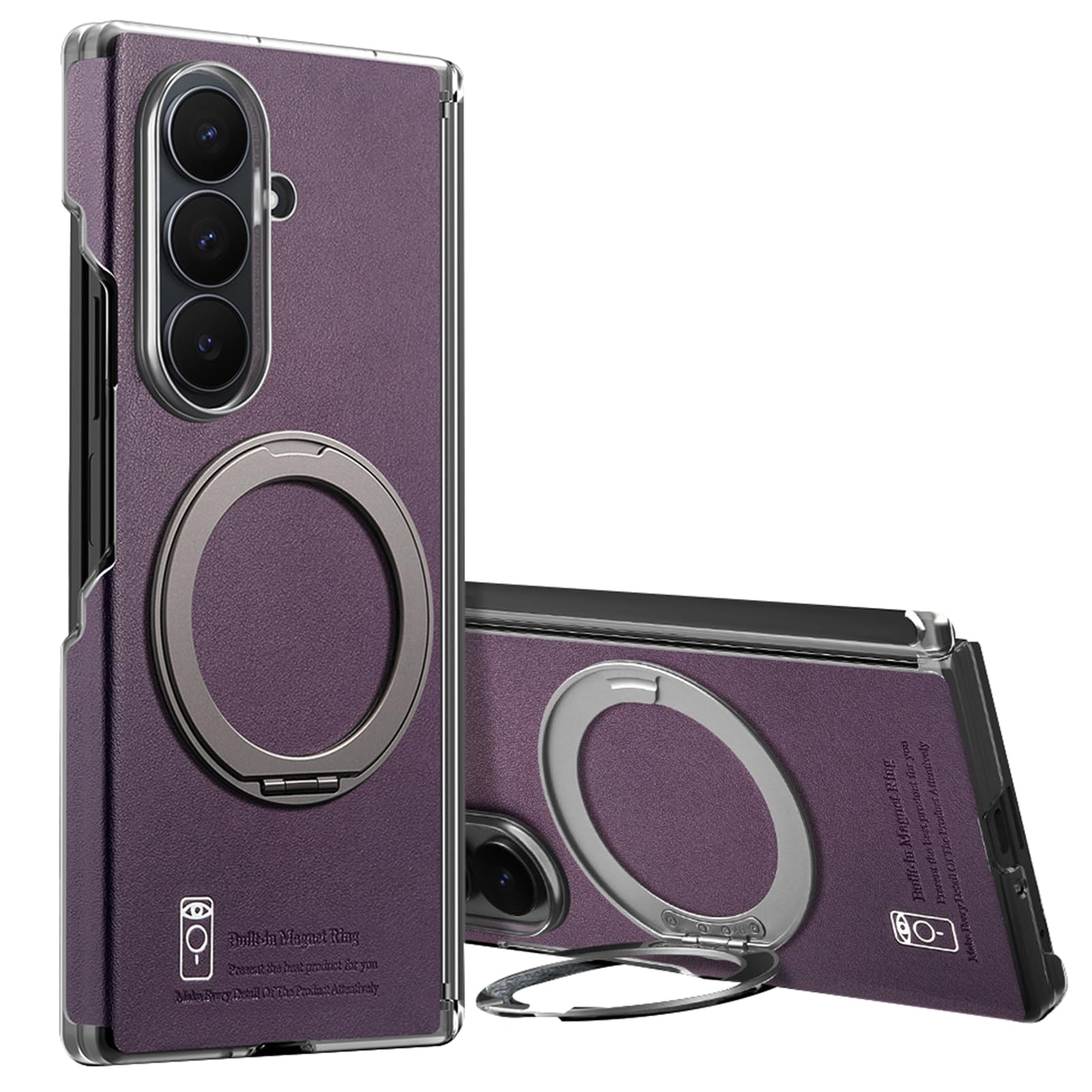 Skórzane etui do Samsung Galaxy Z Fold 7, cienkie etui ochronne na zawiasy, uchwyt pierścieniowy, obsługuje magnetyczne, biznesowe etui ochronne, fioletowe, składane 7