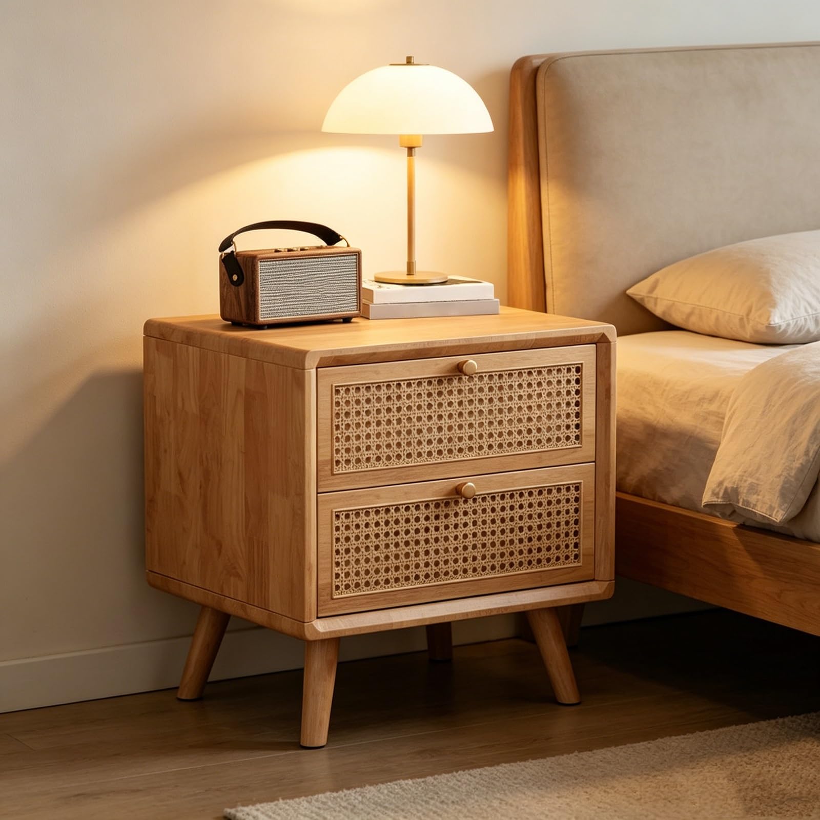 Comodino con 2 Cassetti in Rattan, Tavolino da Notte in Legno Massello, Design Minimalista per Camera da Letto, Mobiletto Moderno(Yellow,43cm/16.9in)
