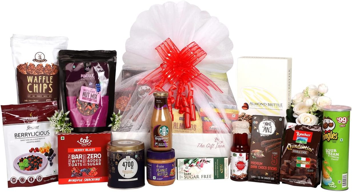 The Gift Tree Luxury Chocolate & Dry Fruit Gift Hamper | Berrylicious, Trail Mix, Waffles, Popcorn, Wafer, Coffee & Almond Sticks | Gift for Birthday, Anniversary, Valentine, Men, Women | Pack of 13