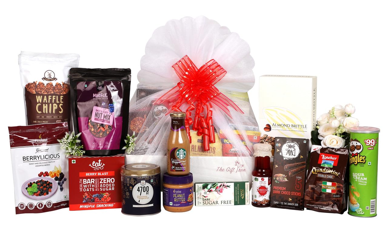 The Gift Tree Luxury Chocolate & Dry Fruit Gift Hamper | Berrylicious, Trail Mix, Waffles, Popcorn, Wafer, Coffee & Almond Sticks | Gift for Birthday, Anniversary, Valentine, Men, Women | Pack of 13