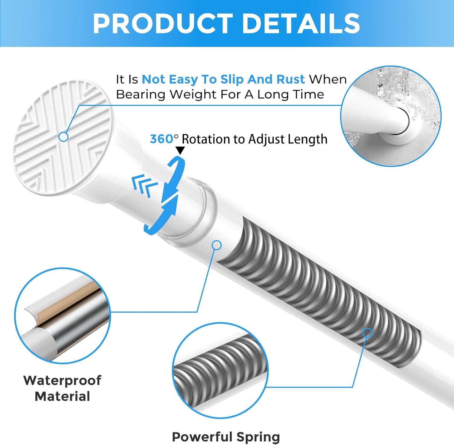 4 Pack Tension Curtain Rod 30.5 to 62.8 Inch No Drilling, Adjustable Spring Tension Rod 7/8" Diameter Non Slip, White Shower Curtain Rod for Windows, Bathroom, Doorway, Closet, Kitchen