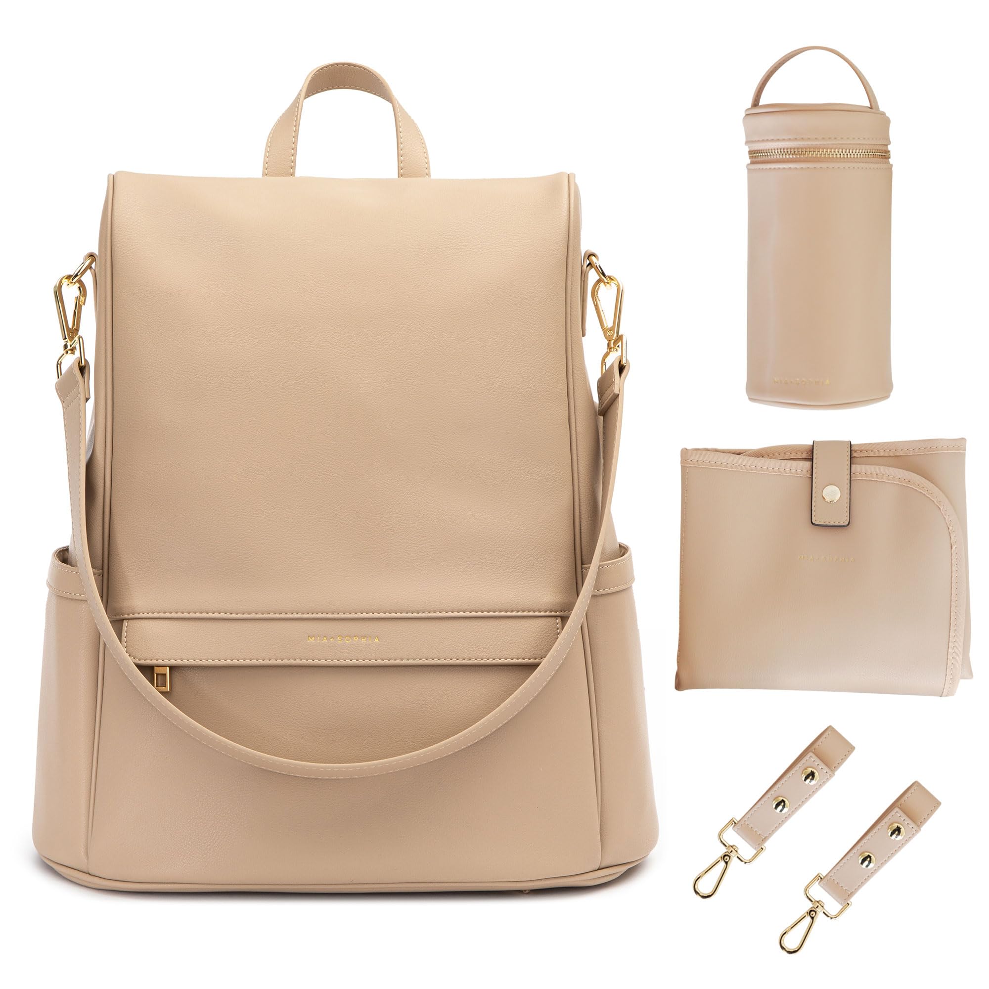 MIA + SOPHIA Leather Diaper Bag Backpack with Changing Pad, Stroller Straps, Bottle Holder, Beige Mia, Large, Mia Collection