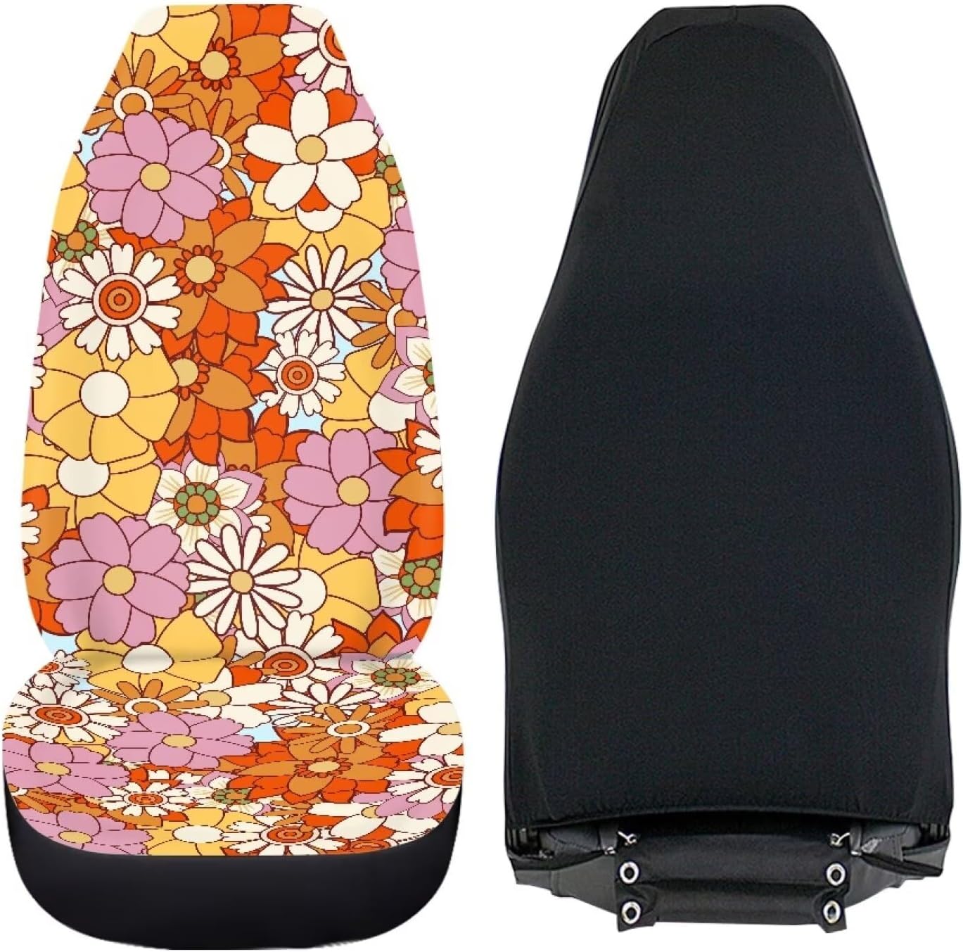 Retro Hippie Flower Print Car Seat Cover for Front Seat 2 Piece High Back Bucket Seat Covers Vehicle Interior Decoration Automotive Accessories for Most Car Sedan Trucks