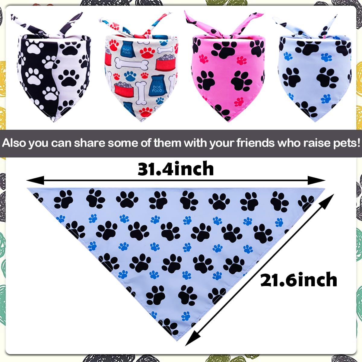 50PCS Big Dog Bandanas Large Breed XL Bulk Paw Bone Print Pet Big Bandanas Kerchief Triangle Bibs Head Scarves Scarfs Selvedge Sewing Stitching Edge Hemming Stitch Seam for Grooming Costume