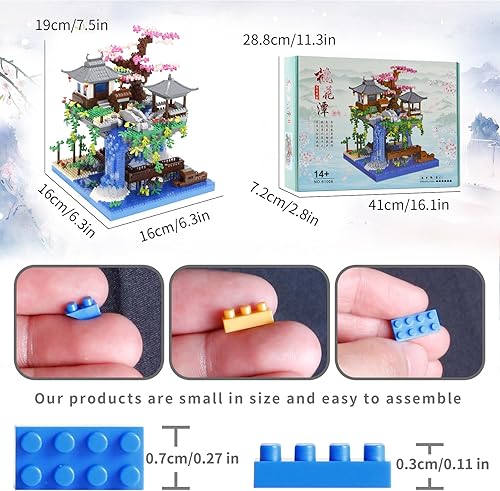 Miniatura 3 de Kit de construcción de 3000 piezas de microbloques de durazno en flor de estanque bonsái, bloques de construcción de arquitectura tradicional,