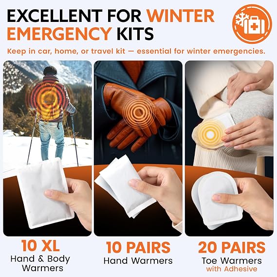 Hand Warmers Variety Set - 70 Count Ultimate Value Pack 10 XL Body Warmers, 10 Pairs Hand Warmers, 20 Pairs Toe Warmers with Adhesive Air Activated Heat Packs for Cold Weather and Outdoors