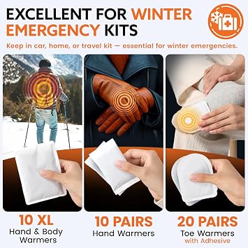 Hand Warmers Variety Set - 70 Count Ultimate Value Pack 10 XL Body Warmers, 10 Pairs Hand Warmers, 20 Pairs Toe Warmers with Adhesive Air Activated Heat Packs for Cold Weather and Outdoors