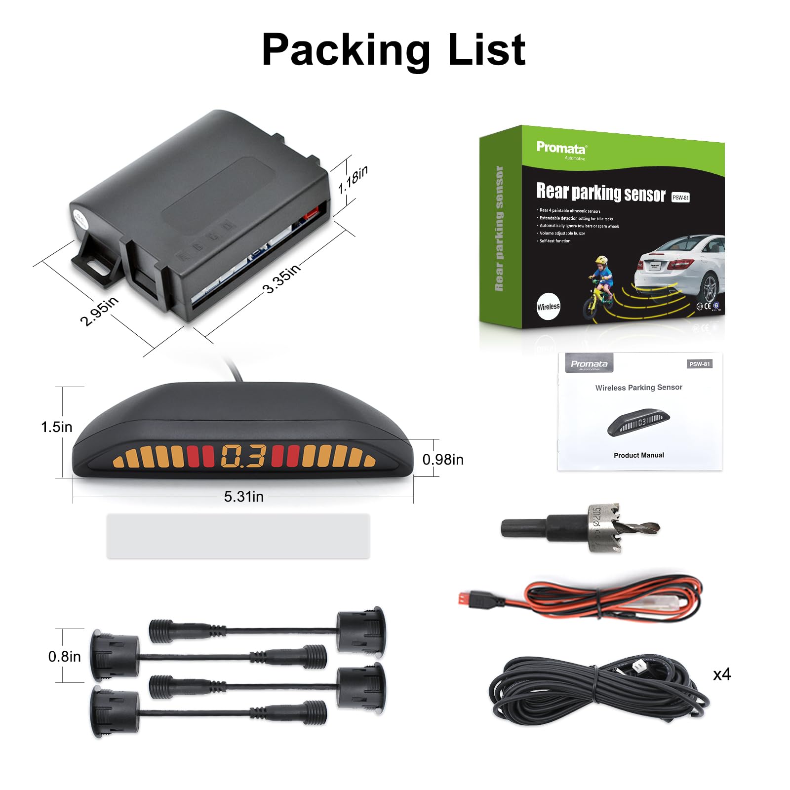 Promata PSW-81 - Sistema radar di retromarcia da 12 V 24 V, kit di parcheggio wireless con 4 sensori da 58 Hz per auto, camion, rimorchio, display capovolto con volume di allarme regolabile