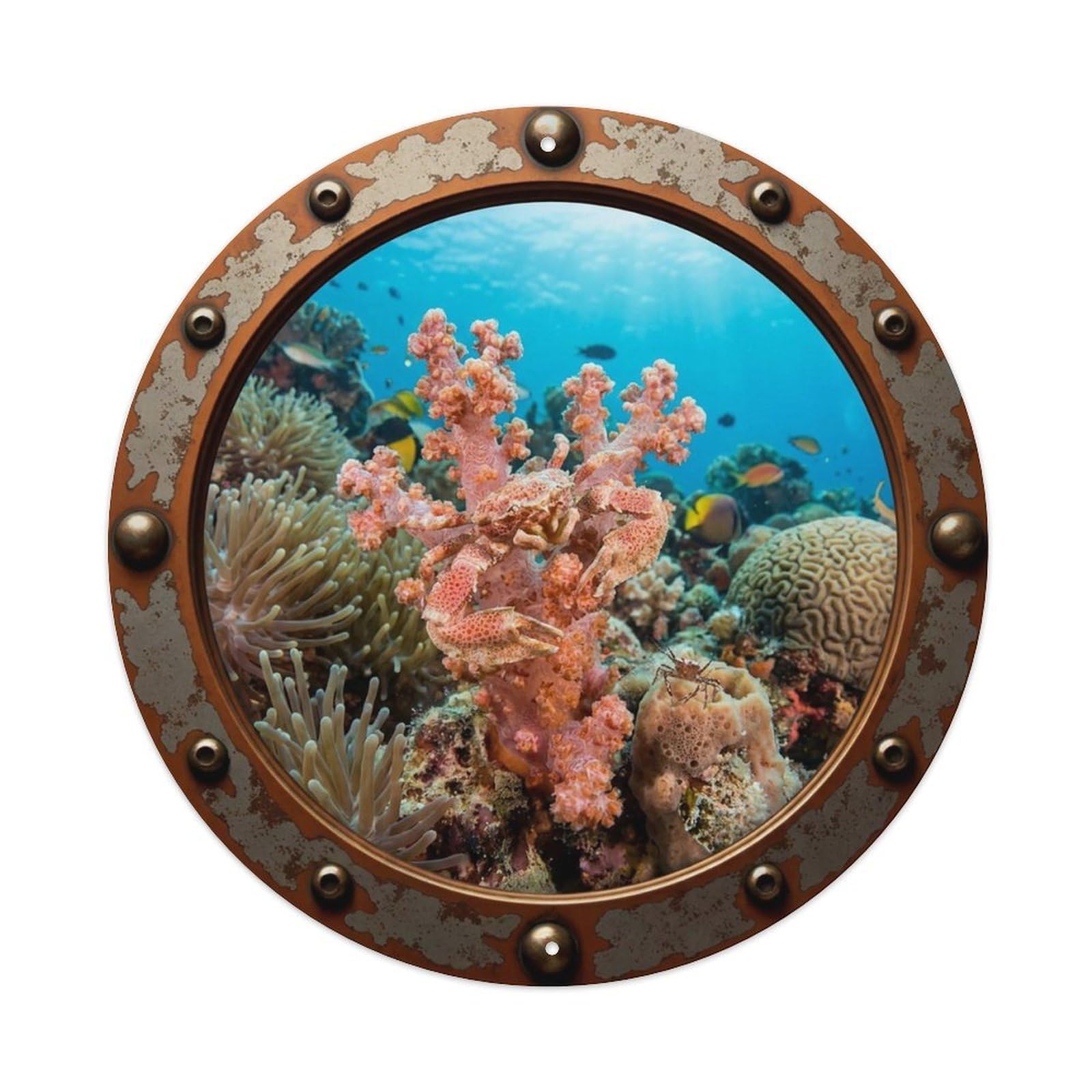 Gead 8X8inch Style Vintage Porthole Coral Crab Nautical Window View Metal Tin Sign