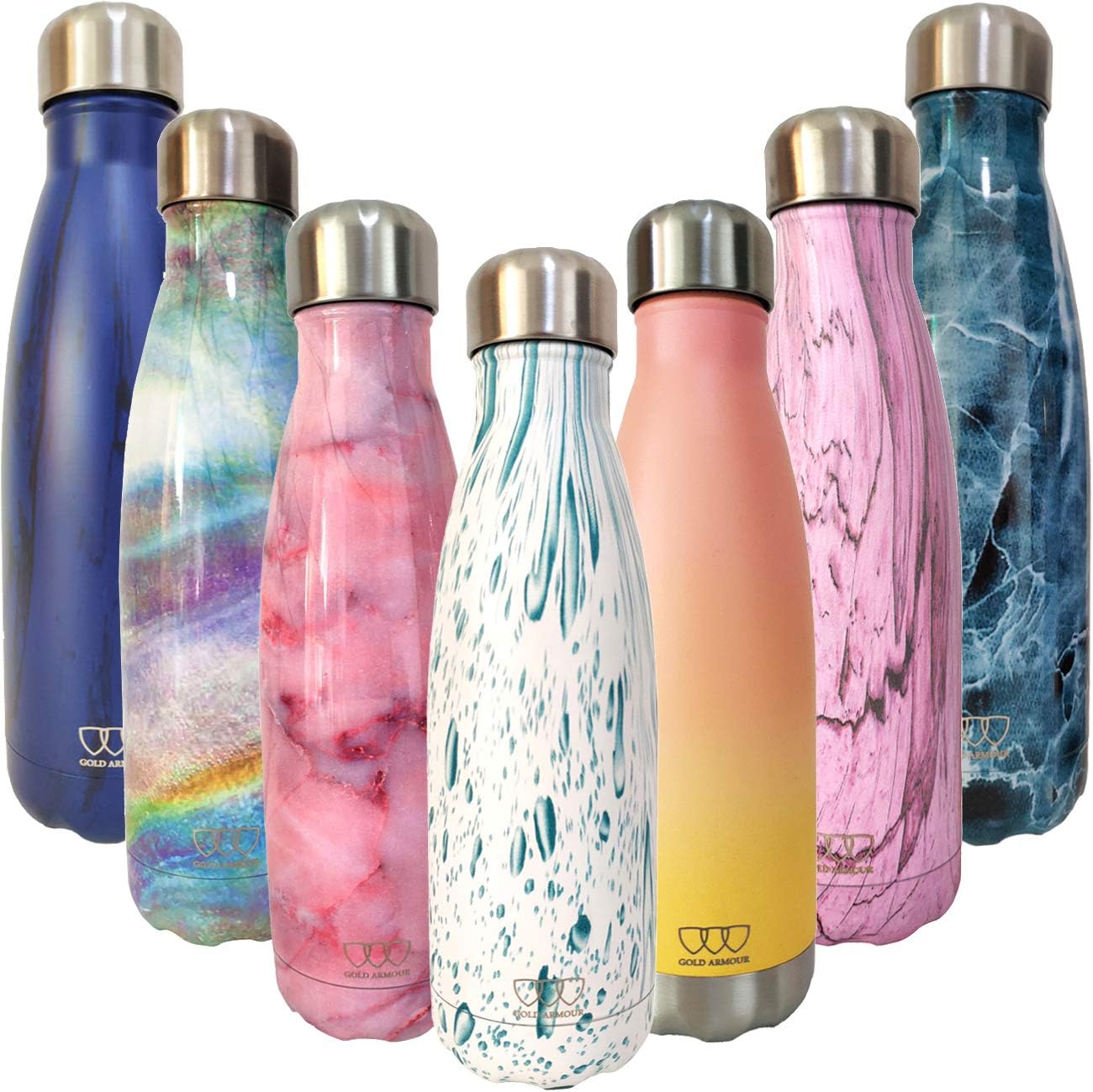 Gold Armour 17oz Stainless Steel Vacuum Insulated Water Bottle, Leak Proof Double Walled Cola Shape Bottle, Keeps Drinks Cold for 24 Hours and Hot for 10 Hours (Blue Drop, 17oz)