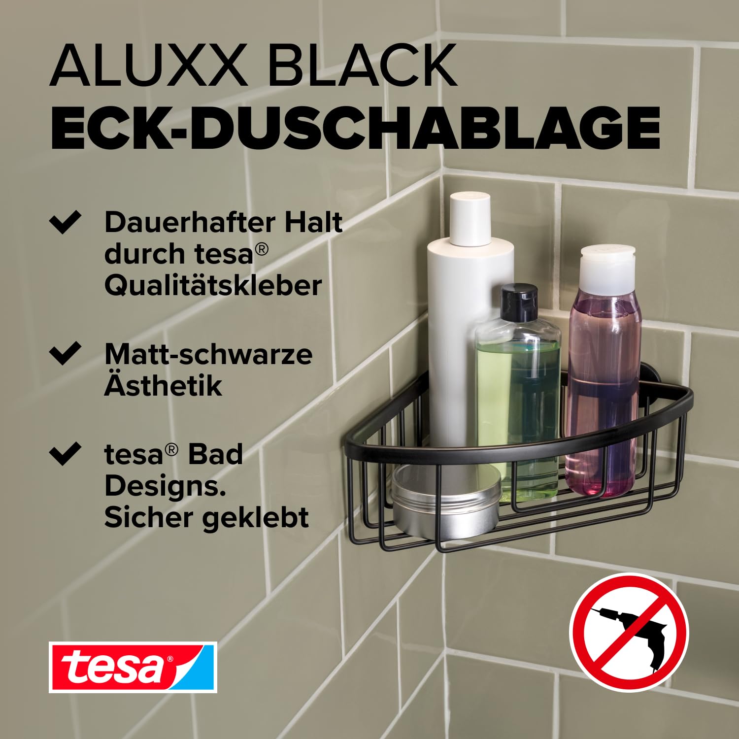 tesa ALUXX BLACK Eck-Duschablage zur Wandmontage ohne Bohren, schwarz matt - einstöckig - für Bäder im Industrial Style und moderne Badezimmer - mit Klebelösung - 192 mm x 92 mm x 200 mm