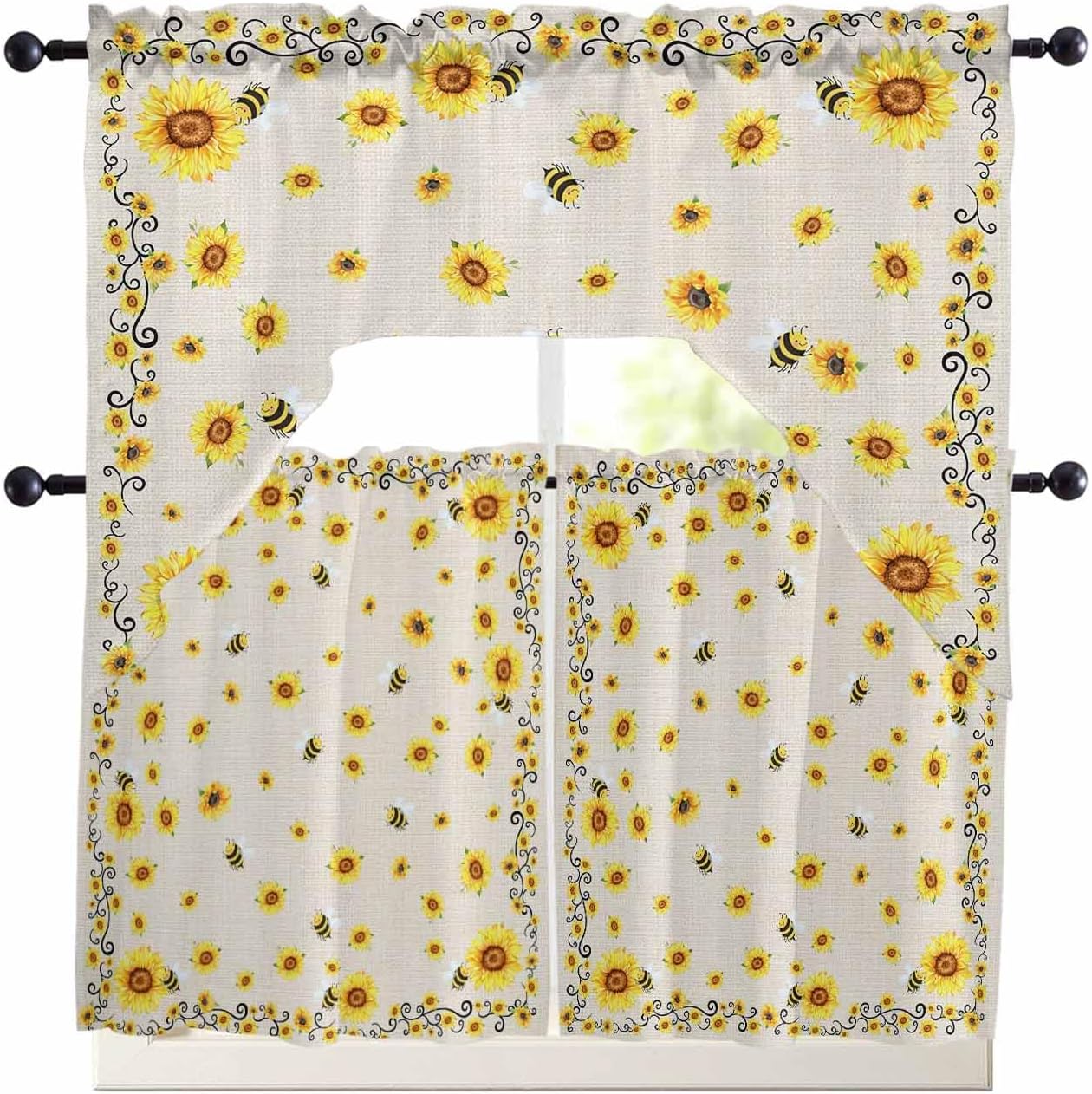 Sunflower Swag Curtains Valance and Tier Set,Rod Pocket Curtain Drapes for Bathroom Over Sink Kitchen Curtains 3 Piece Set Spring Floral Retro Farmhouse Summer Bee Yellow Swag Valances 24 inches Tiers