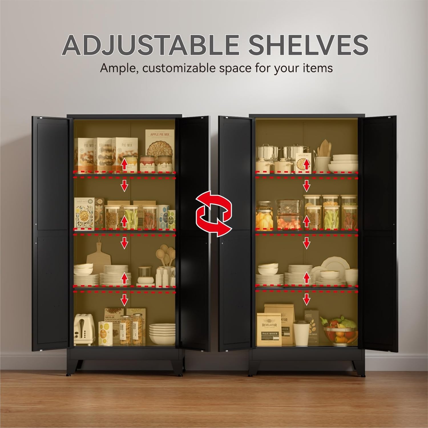 Kitchen Pantry Storage Cabinet, Tall Storage Cabinet with Door and Adjustable Shelves, Metal Pantry Cabinet, Freestanding Cupboard for Kitchen, Office, Living Room, Bathroom (Back,61",Striped Front)