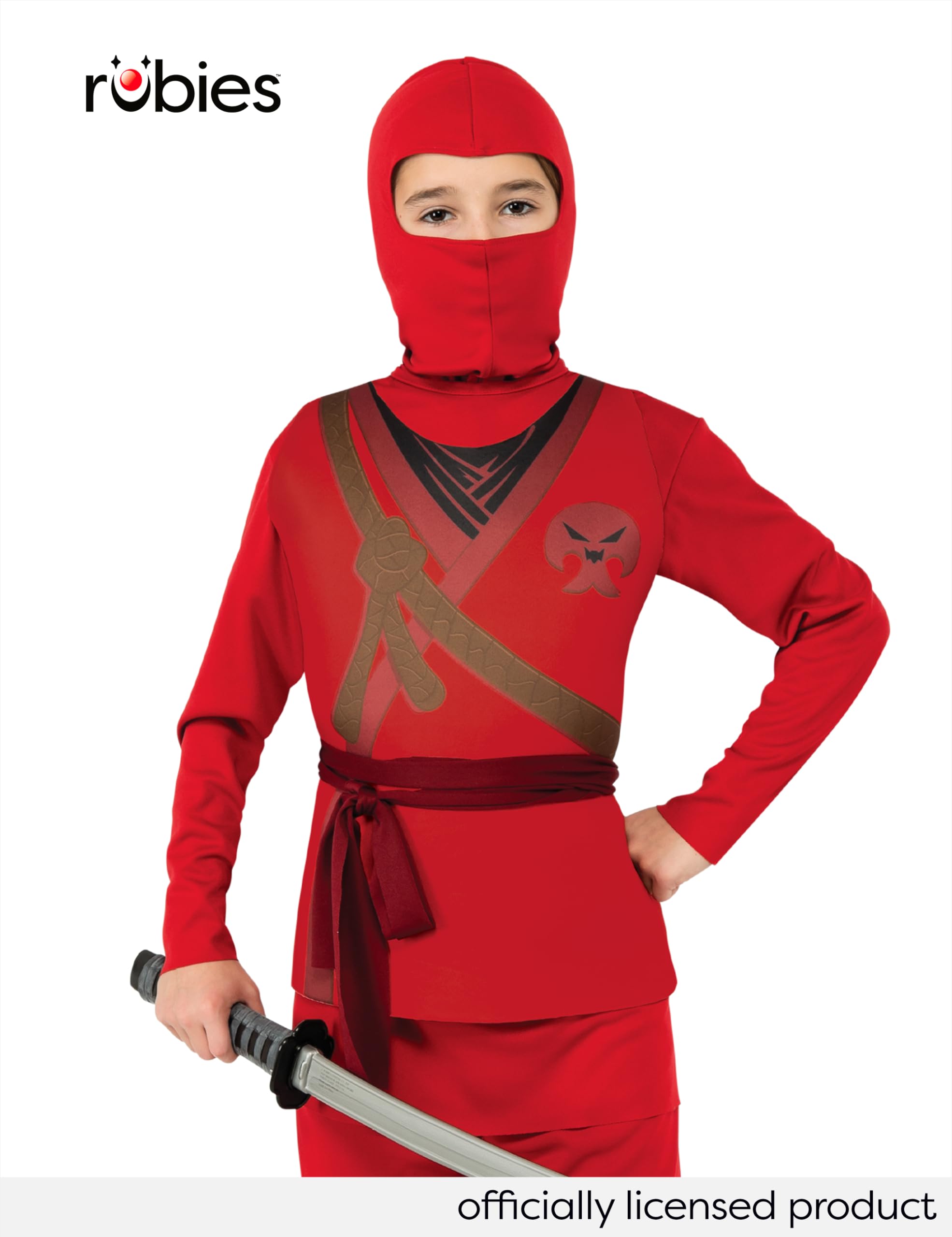 Rubies Ninja Skull Kostüm für Jungen mit Kapuze und Gürtel mit aufgedruckten Details auf der Brust, optimal für Halloween, Karneval und Geburtstag