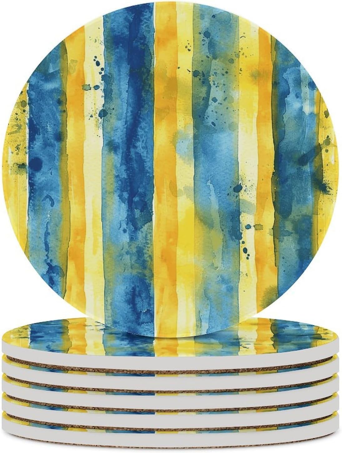 6PCS Yellow and Blue Pattern Coasters Non-Slip Round Drink Coasters with Ceramic Stone and Cork Base, Heat Resistant Absorbent 33.00Stone Coaster Set for Kinds of Mugs and Cups, 4 Inch