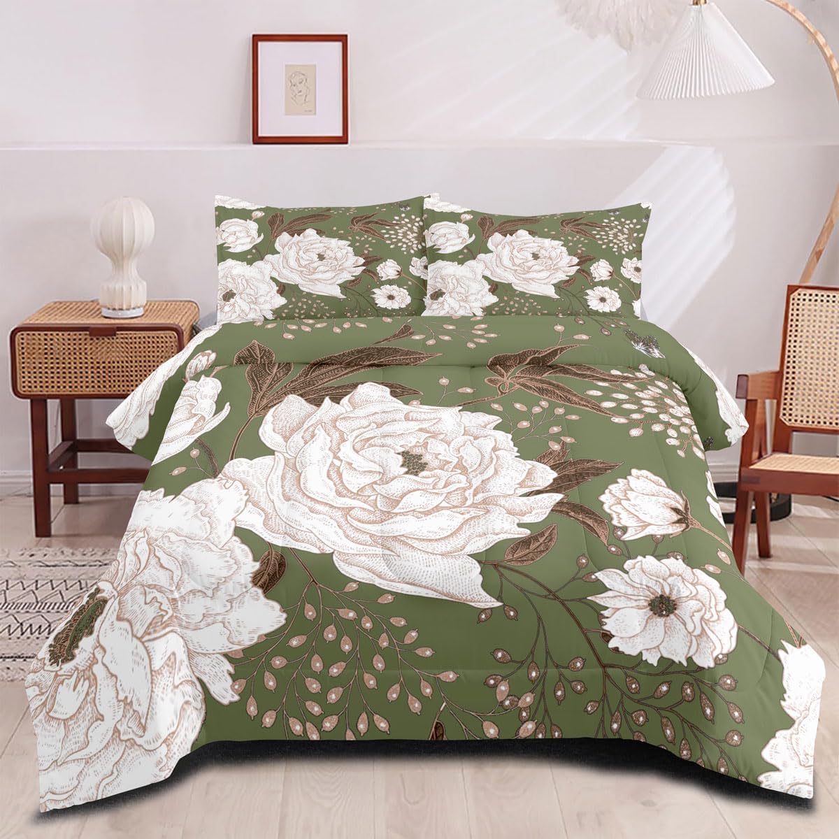 CCoutueChen Light Green Floral Comforter Set Queen Size
