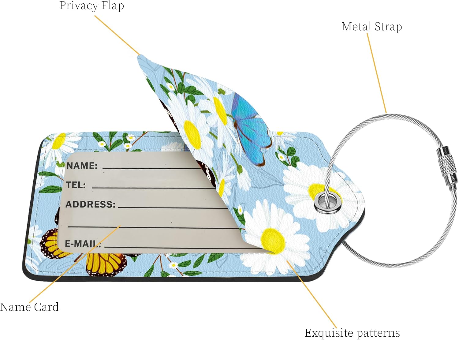 2 Pcs Luggage Tags for Suitcase, Cute Unique PU Leather Travel Bag Tag with Privacy Cover ID Label Address Card and Durable Metal Ring Suitable for Men Women Children Backpack,Butterflies and Flowers image 3
