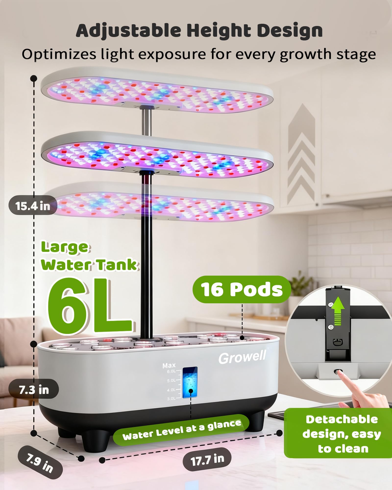 Growell Kit de sistema de cultivo hidropónico, 16 cápsulas, sistema vertical de jardinería interior de 8 L para hierbas, verduras, frutas, con luz LED de crecimiento, circulación inteligente de agua