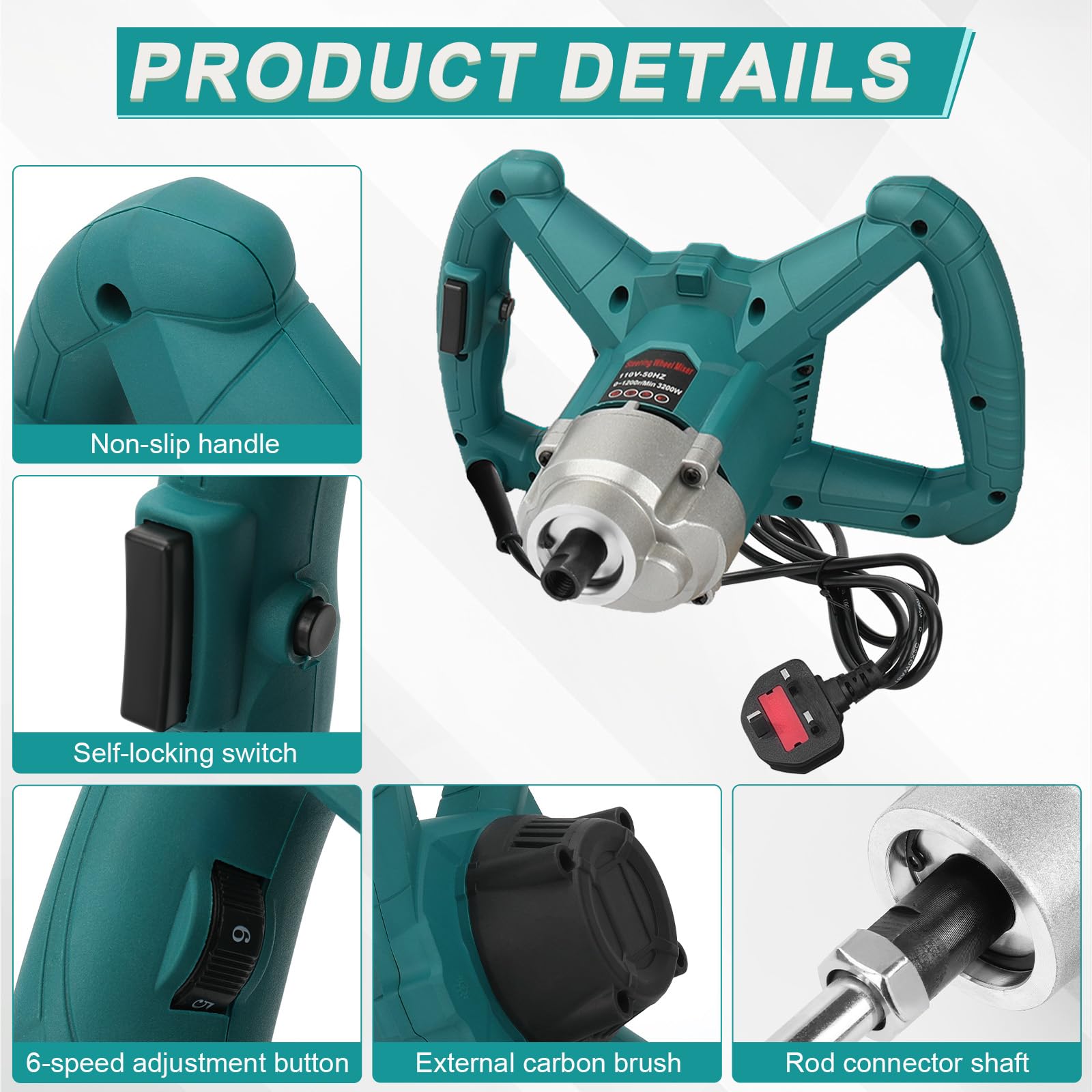 WingFly Miscelatore per malta 3200W, miscelatore per calcestruzzo elettrico a 230V, miscelatore per vernici e malta, cambio a 6 marce, miscelatore manuale elettrico per calcestruzzo, per miscelazione