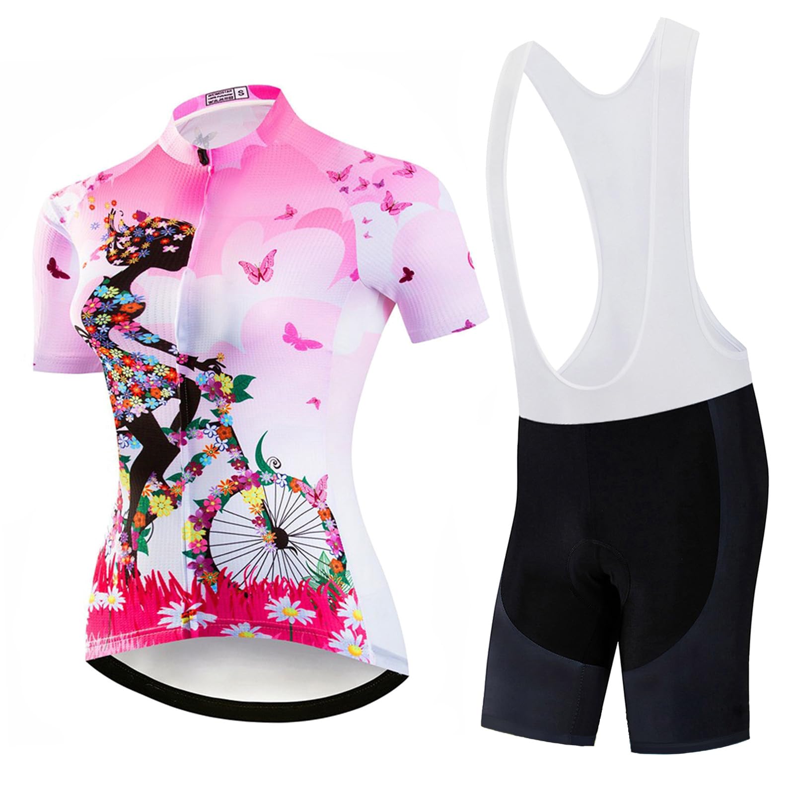 Vêtements Cyclisme Femme Été, Maillot de Velo VTT Tenue Cycliste Manche Courte MTB Jerseys et Cuissard à Bretelle avec 9D Coussin Gel,Ensemble Combinaisons de Cycling Respirant Séchage Rapide