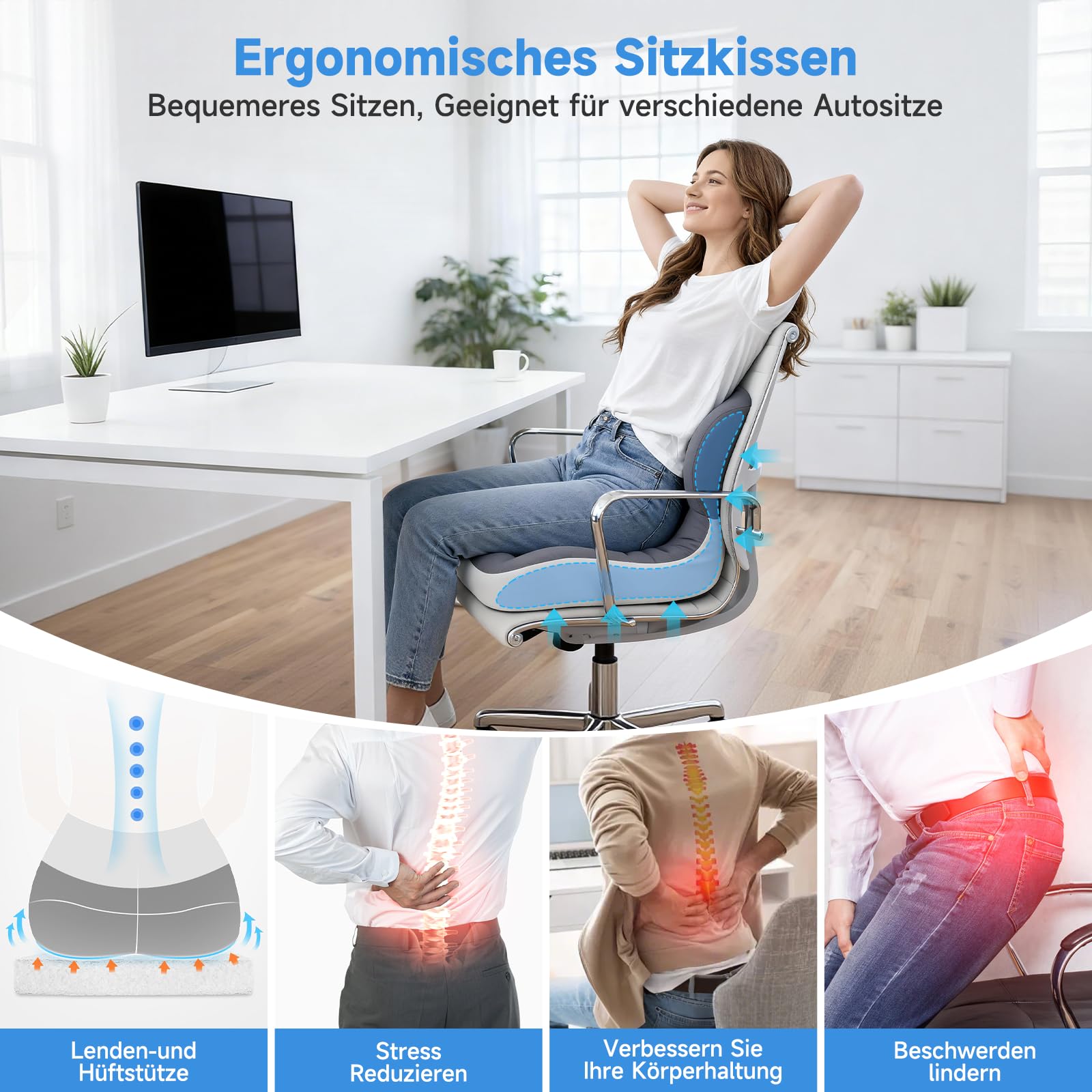 Cuscino ortopedico con schienale, cuscino ergonomico per schienale in memory foam, supporto lombare a forma di L, cuscino per sedia da ufficio, seggiolino, sedia a rotelle, ufficio, auto
