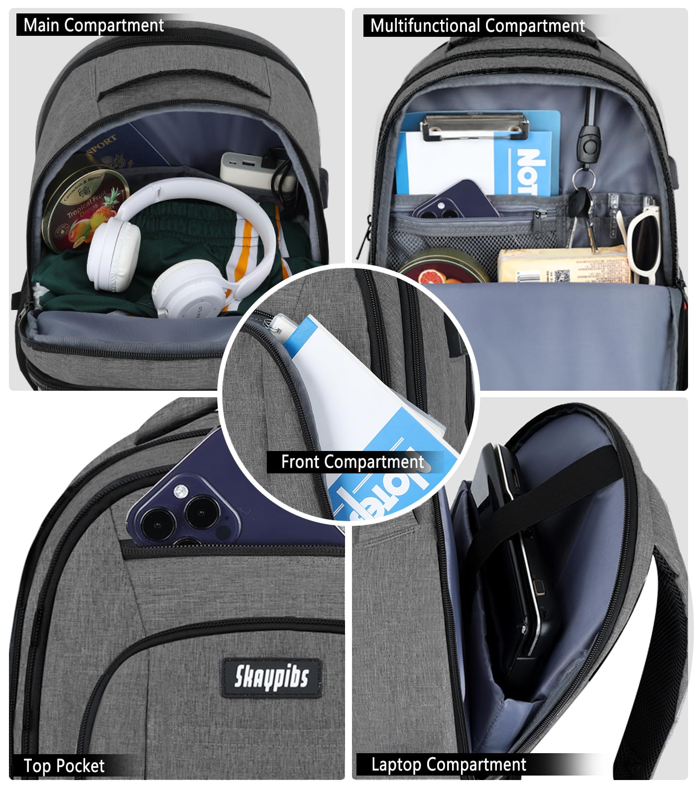 Skaypibs Zaino per uomo e donna, zaino da viaggio per laptop da 15,6 pollici, borsa per libri scolastici universitari con porta di ricarica USB