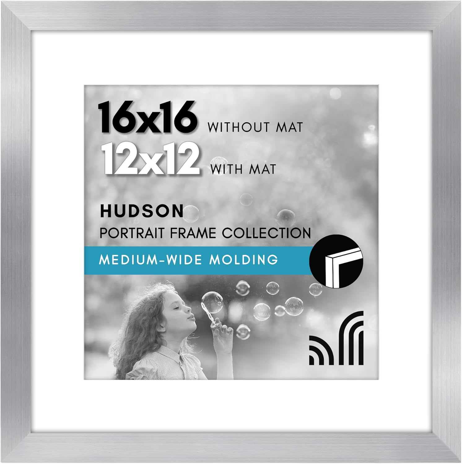 Americanflat 16x16 Picture Frame with Polished Plexiglass - Use as 12x12 Frame with Mat or 16x16 Frame Without Mat - Hudson Collection - Wide Photo Frame for Wall Display - Silver Silver 16x16