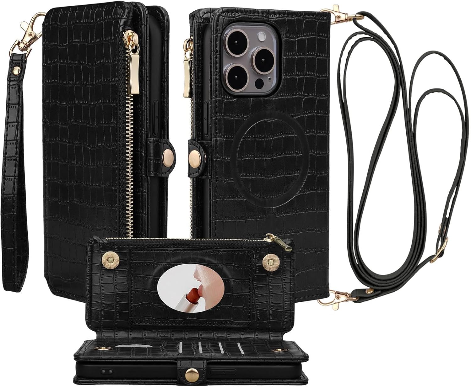 Crossbody Wallet Case for iPhone 15 Pro Max with Mirror, Wrist Strap, Zipper Purse Magnetic Flip RFID Blocking Card Holder, Wireless Charging, PU Leather Shockproof 6.7" Women (Black)
